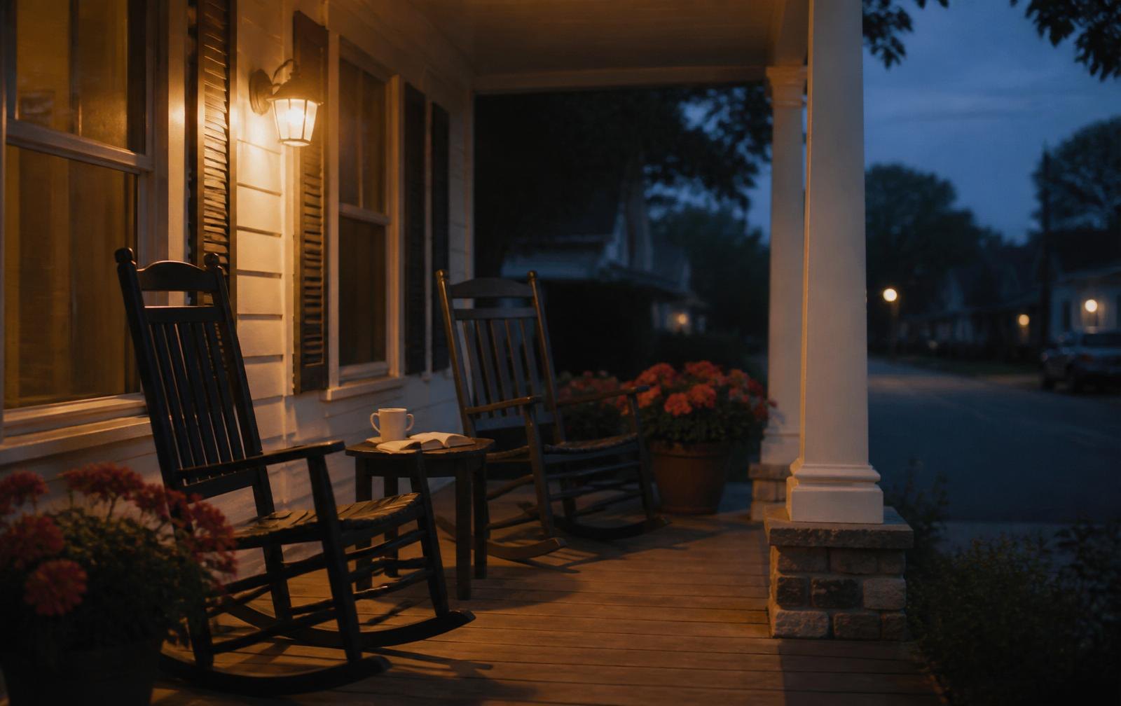 Diane on the porch at dusk